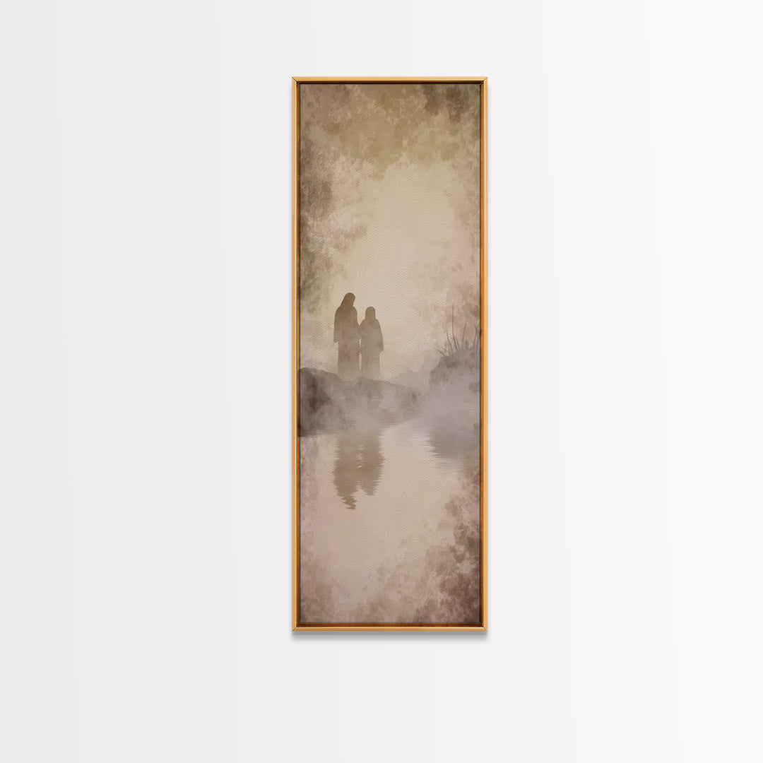 Quiet Morning Walk, Framed Canvas Print, Christian Art Print, Jesus Painting Canvas, Narrow Art, Christian Decor, Minimalist Christian Art,