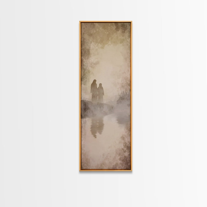 Quiet Morning Walk, Framed Canvas Print, Christian Art Print, Jesus Painting Canvas, Narrow Art, Christian Decor, Minimalist Christian Art,