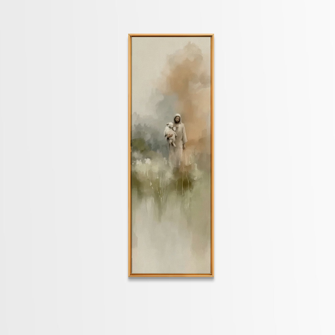 Gentle Shepherd | Framed Canvas Print | Christian Art Canvas | Tall Skinny Art Print | Christian Wall Art | Minimalist Christian Art | Jesu