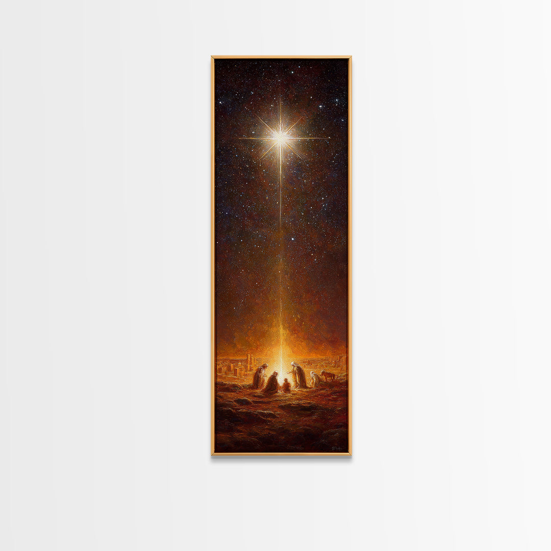 Starlit Holy Night | Framed Canvas Print | Narrow Art | Christian Christmas Art | Jesus Christmas Art | Modern Christian Art