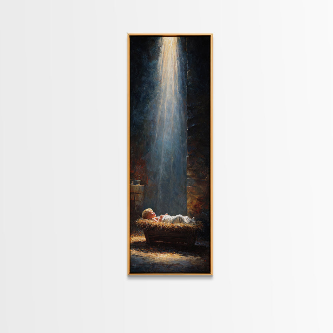 Manger Blessing Light – Framed Canvas Print – Christian Art – Jesus Painting – Christian Christmas Art – Christmas Canvas Wall Art – Skinny