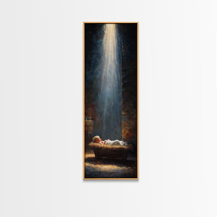 Manger Blessing Light – Framed Canvas Print – Christian Art – Jesus Painting – Christian Christmas Art – Christmas Canvas Wall Art – Skinny