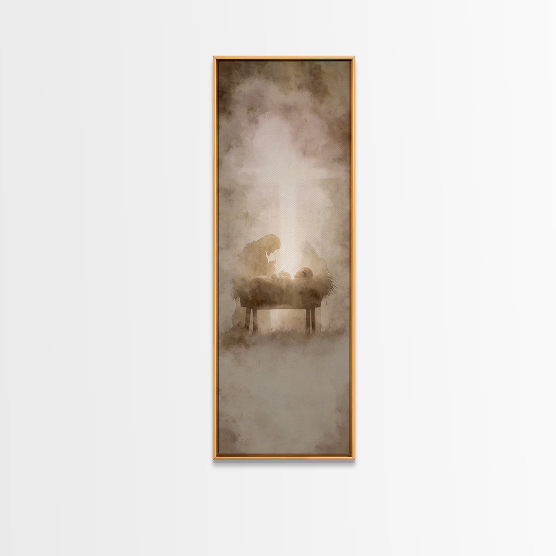 Nativity Hushed Wonder – Framed Canvas Print – Christian Wall Art – Christmas Art – Jesus Painting – Christian Christmas Art – Narrow Art –