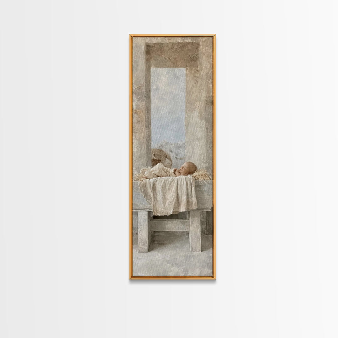 Sacred Infant Rest – Framed Canvas Print – Christian Art – Jesus Painting – Christian Christmas Art – Tall Skinny Art Print – Christian Wal