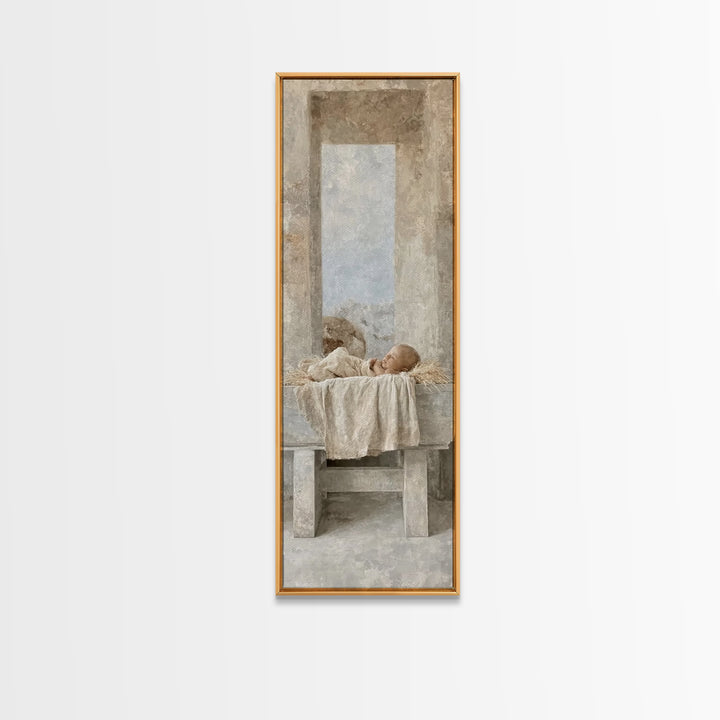Sacred Infant Rest – Framed Canvas Print – Christian Art – Jesus Painting – Christian Christmas Art – Tall Skinny Art Print – Christian Wal