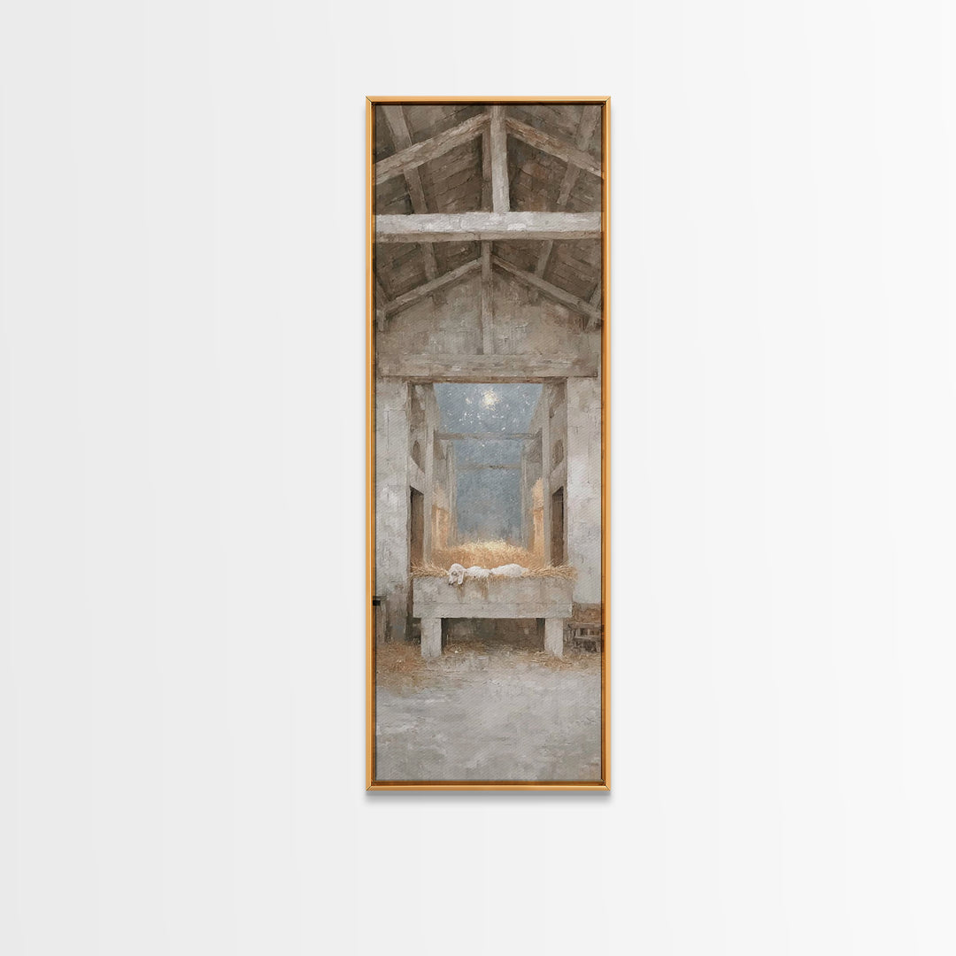 Quiet Manger Peace – Framed Canvas Print – Narrow Art – Christian Wall Art – Christian Art Canvas – Christmas Art – Christian Christmas