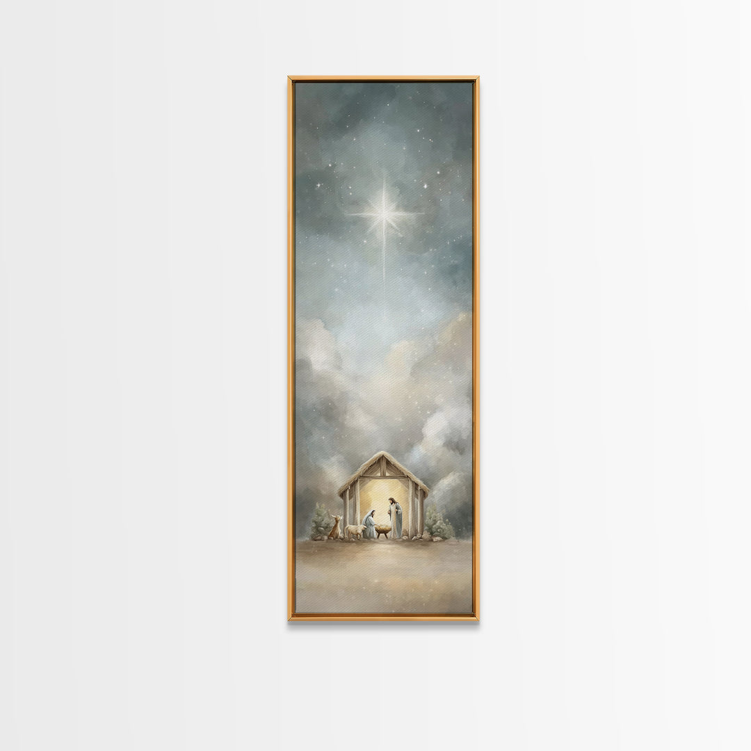 Radiant Stable Peace – Framed Canvas Print – Tall Narrow Wall Art – Christian Art Canvas – Jesus Art – Christian Christmas Art – Jesus Pain