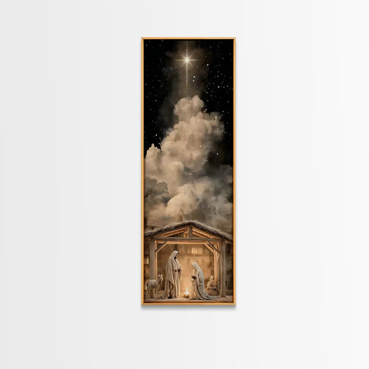 Manger Sky Blessing – Framed Canvas Print – Tall Narrow Wall Art – Christian Art Canvas – Christian Christmas Art – Jesus Art – Jesus Paint