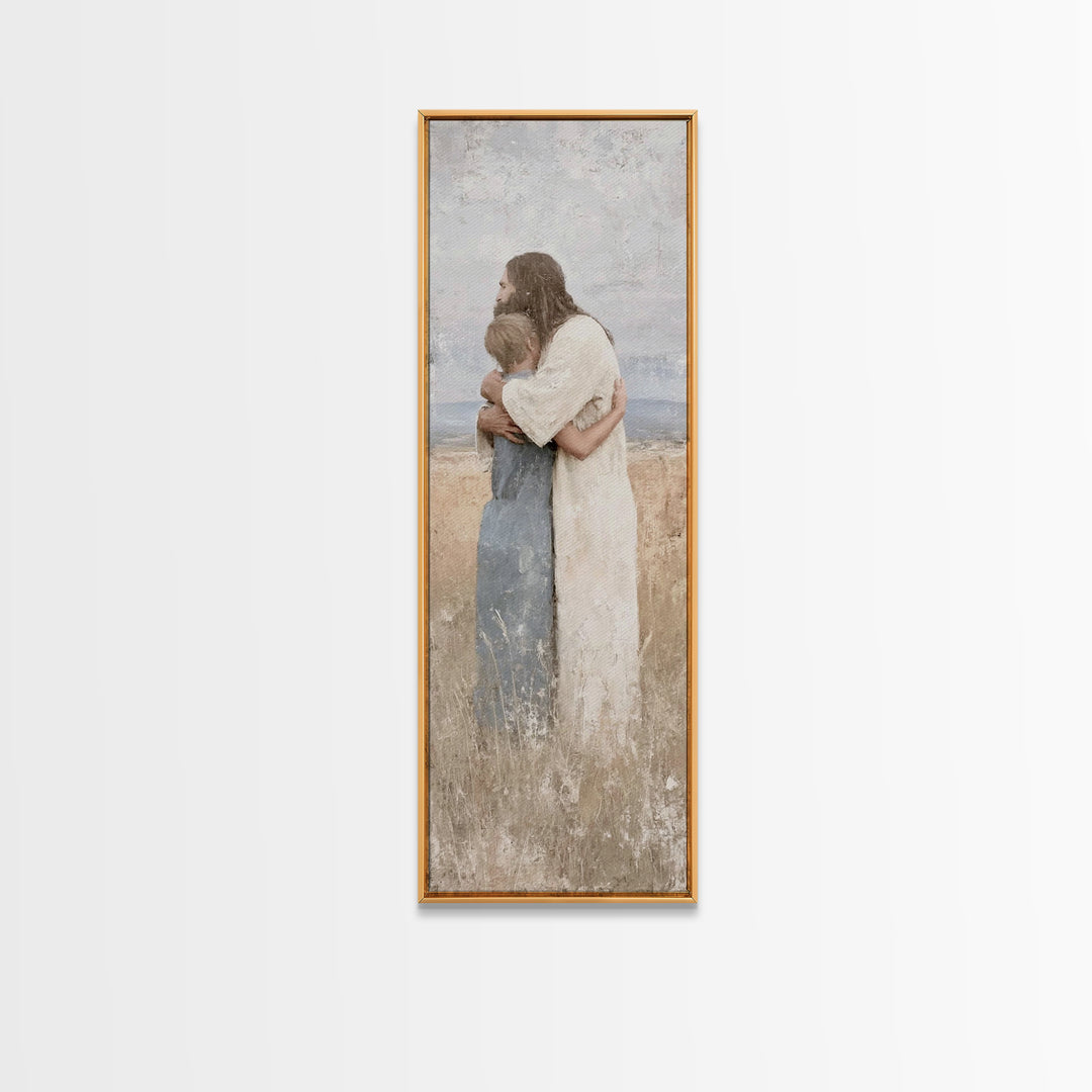 Gentle Savior Hold | Framed Canvas Print | Christian Art Canvas | Christian Wall Art | Jesus Painting | Subtle Christian Art | Narrow Art