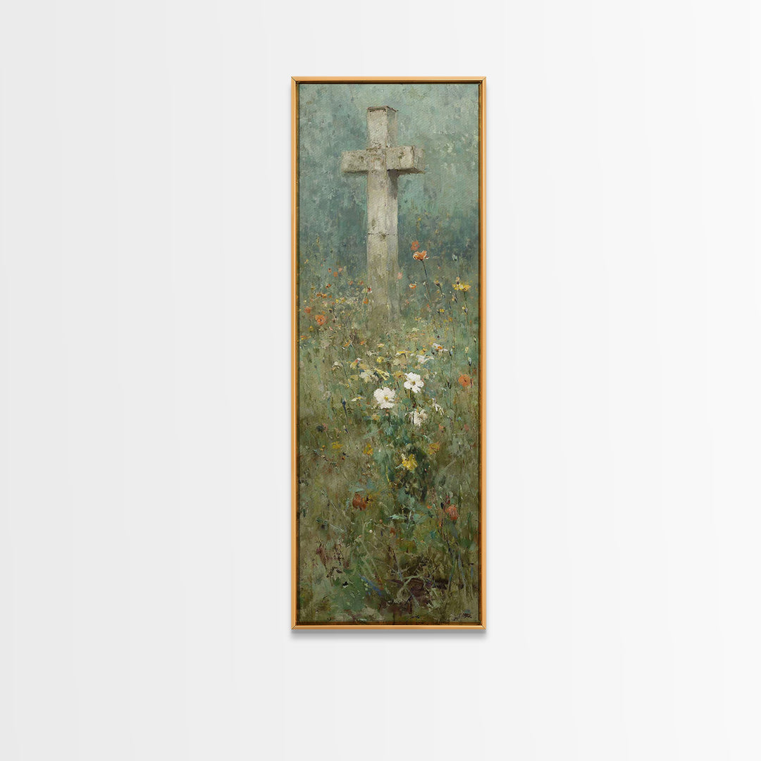 Cross In Bloom, Framed Canvas Print, Christian Art Canvas, Christian Wall Art, Vintage Christian Art, Christian Painting, Tall Narrow Wall
