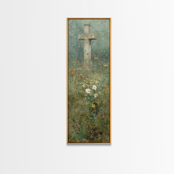 Cross In Bloom, Framed Canvas Print, Christian Art Canvas, Christian Wall Art, Vintage Christian Art, Christian Painting, Tall Narrow Wall