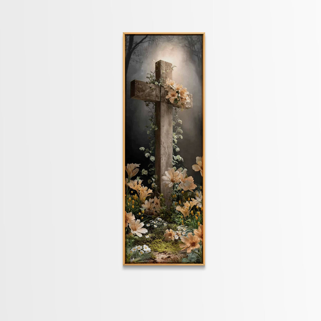 Radiant Cross Garden – Framed Canvas Print – Christian Art Canvas – Christian Wall Art – Christian Painting – Modern Christian Art – Skinny
