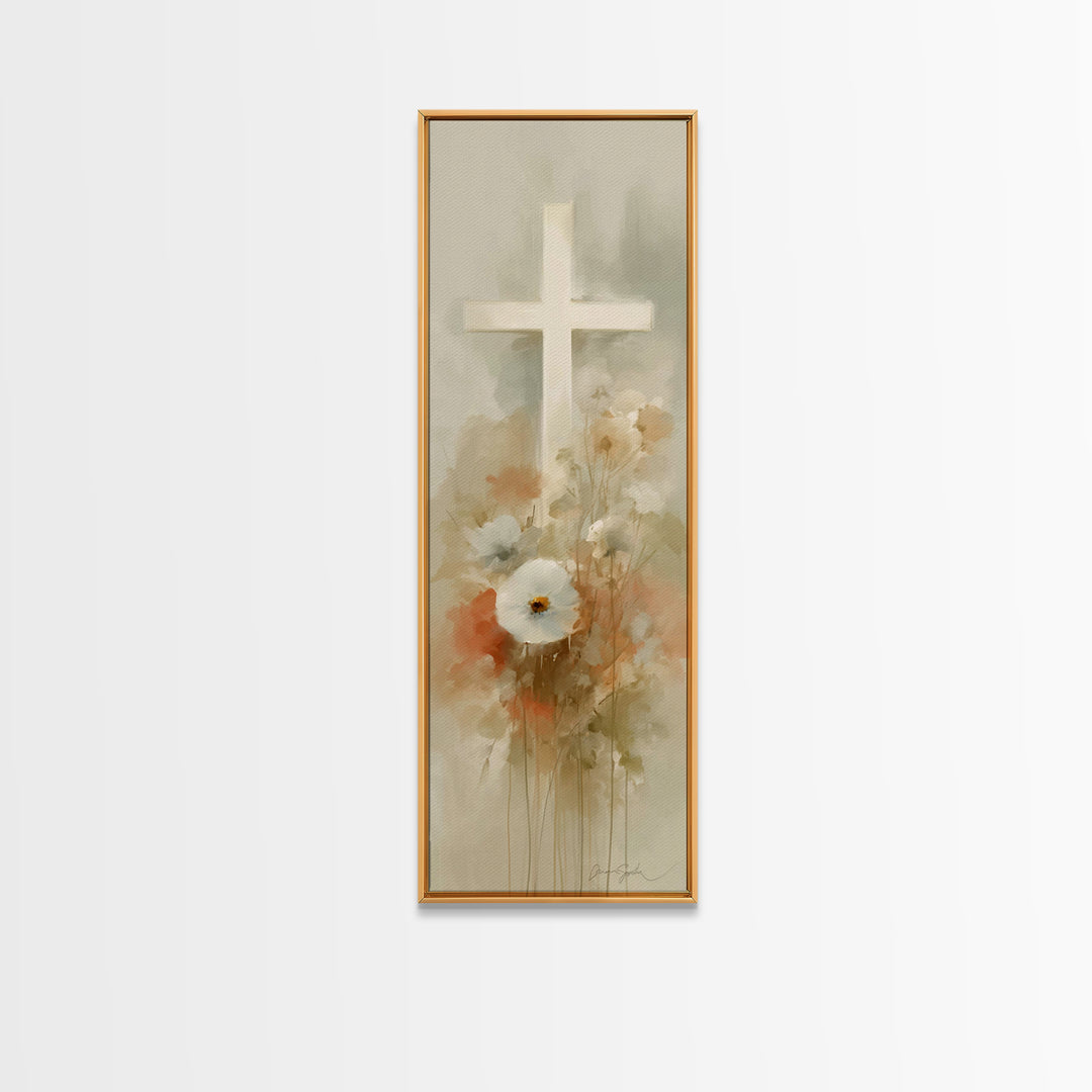 Soft Cross Blossoms | Framed Canvas Print | Christian Art | Christian Art Canvas | Christian Wall Art | Subtle Christian Art | Narrow Art