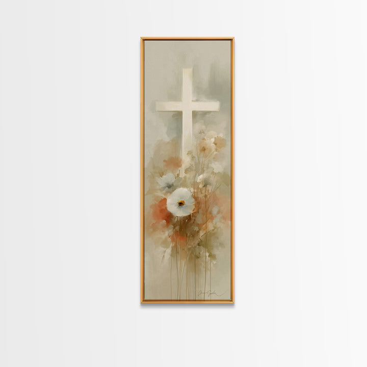 Soft Cross Blossoms | Framed Canvas Print | Christian Art | Christian Art Canvas | Christian Wall Art | Subtle Christian Art | Narrow Art