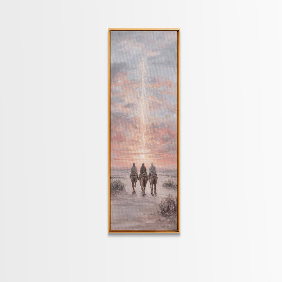 Rose Dawn Pilgrims – Framed Canvas Print – Christian Christmas Art – Skinny Art – Christian Wall Art – Christian Art Canvas