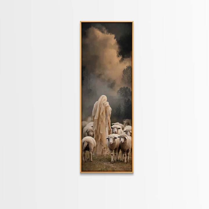 Shepherd’s Nightfall – Framed Canvas Print – Narrow Art – Christian Art Canvas – Jesus Painting – Christian Wall Art – Modern Christian Art