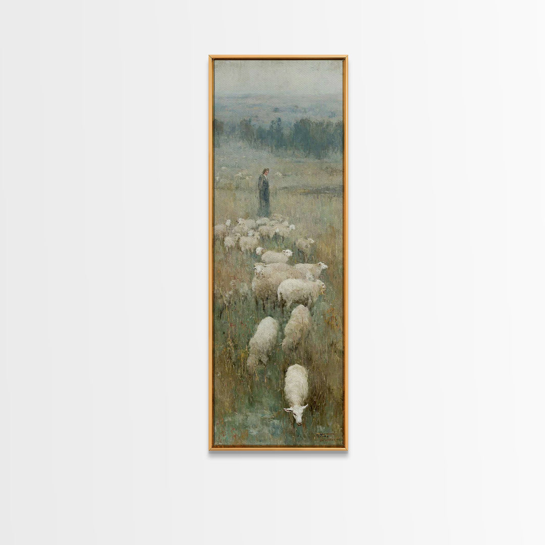 Pastoral Dawn Grace – Framed Canvas Print – Tall Narrow Wall Art – Christian Art Print – Christian Wall Art – Jesus Painting – Moody Christ