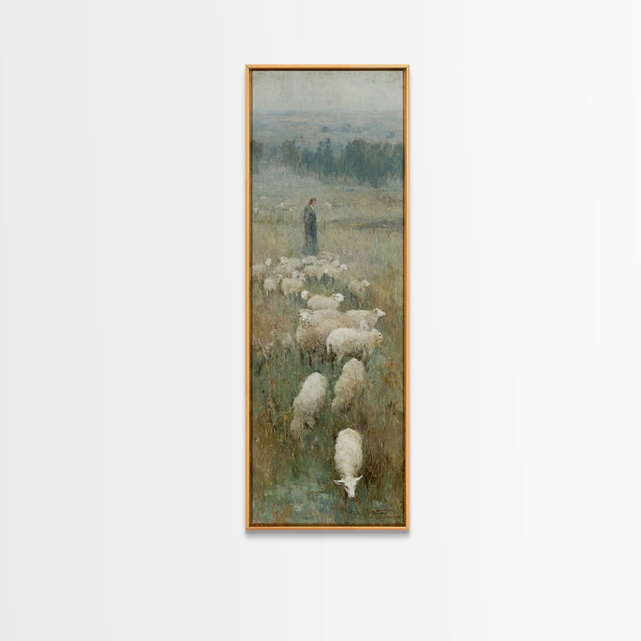 Pastoral Dawn Grace – Framed Canvas Print – Tall Narrow Wall Art – Christian Art Print – Christian Wall Art – Jesus Painting – Moody Christ