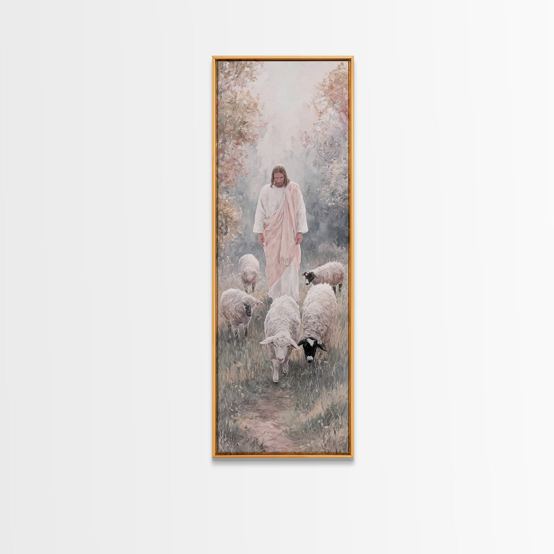 Gentle Shepherd Walk – Framed Canvas Print – Tall Skinny Art Print – Jesus Painting – Christian Art Canvas – Christian Wall Art – Modern Ch