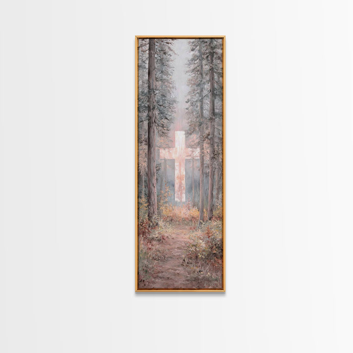 Forest Cross Glow – Framed Canvas Print – Narrow Art – Christian Wall Art – Christian Art Canvas – Christmas Art – Modern Christian Art – C