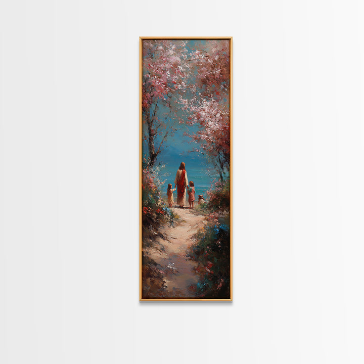 Soft Meadow Journey | Framed Canvas Print | Tall Narrow Wall Art | Christian Art Canvas | Christian Wall Art | Jesus Painting | Christian D