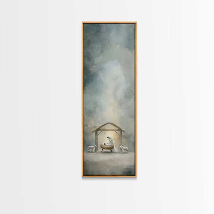 Holy Night Nativity – Framed Canvas Print – Christian Christmas Art – Tall Narrow Wall Art – Christian Art Print – Jesus Painting – Christi