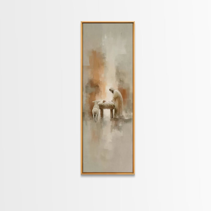 Humble Manger Peace – Framed Canvas Print – Christian Wall Art – Tall Narrow Wall Art – Christian Art Print – Christmas Art – Jesus Paintin