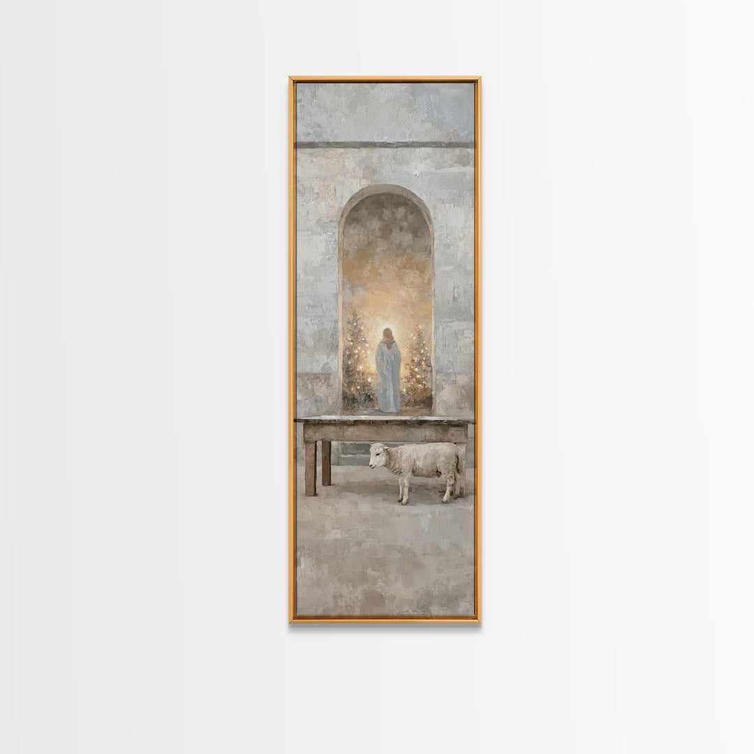 Sacred Hall Nativity – Framed Canvas Print – Christian Art Canvas – Tall Skinny Art Print – Christian Wall Art – Christmas Art – Jesus Pain