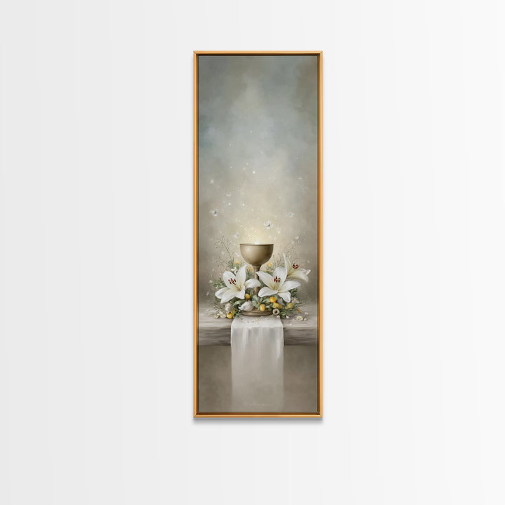 Cross And Lilies | Framed Canvas Print | Narrow Art | Christian Art | Christian Wall Art | Christmas Art | Jesus Painting | Bible Art