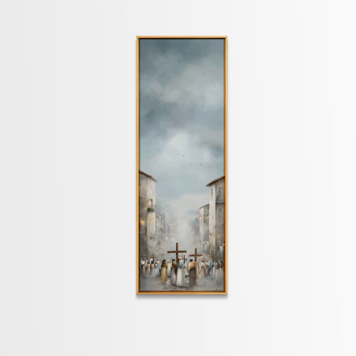 Pilgrims At Dawn – Framed Canvas Print – Narrow Art – Christian Art Work – Christian Christmas Art – Subtle Christian Art