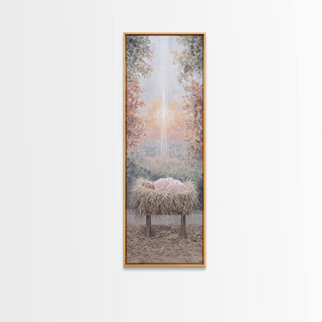 Sacred Birth Glow – Framed Canvas Print – Christian Christmas Art – Christian Wall Art – Christmas Art Canvas – Skinny Art – Christian Art