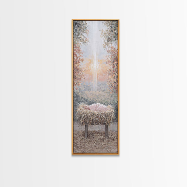 Sacred Birth Glow – Framed Canvas Print – Christian Christmas Art – Christian Wall Art – Christmas Art Canvas – Skinny Art – Christian Art