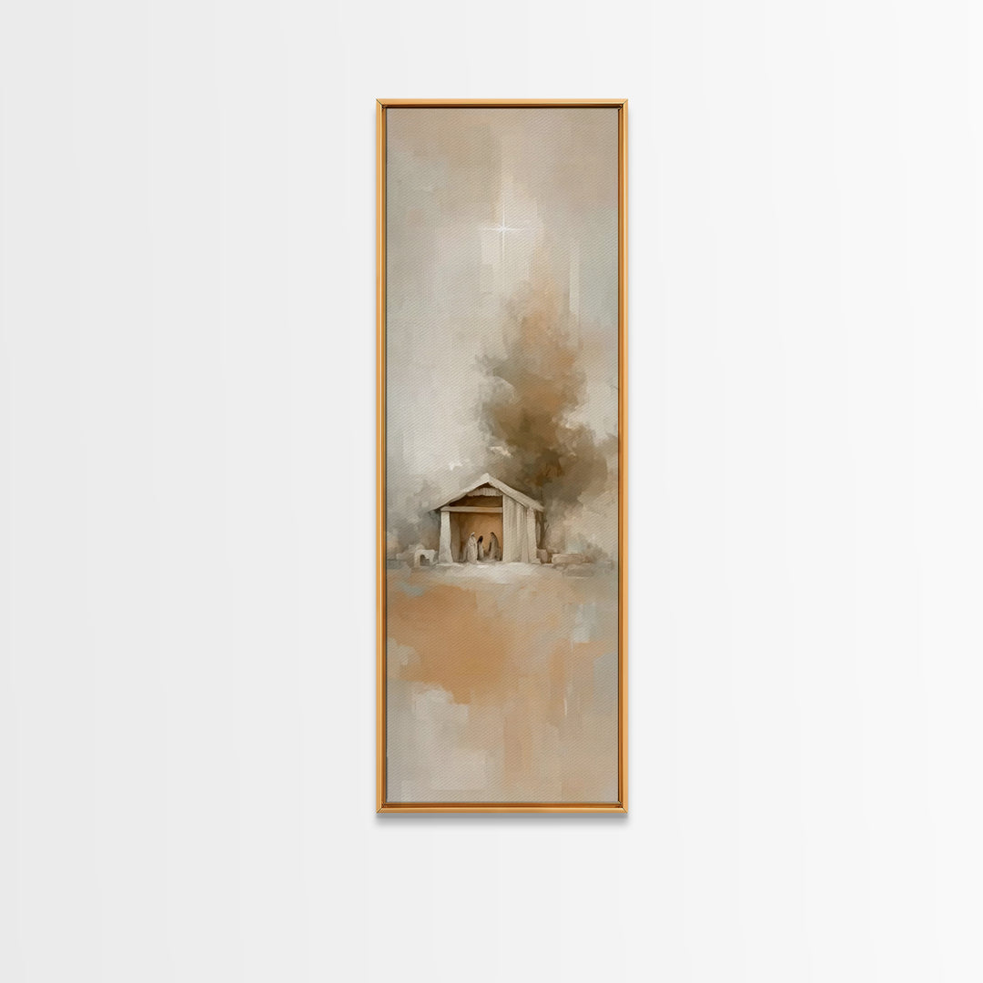 Humble Manger – Framed Canvas Print – Christian Wall Art – Christian Art – Christmas Art – Narrow Art – Christian Art Canvas
