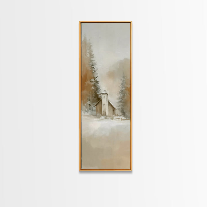 Snowy Chapel Peace – Framed Canvas Print – Christian Wall Art – Christian Art – Christmas Art – Tall Narrow Wall Art – Christian Decor