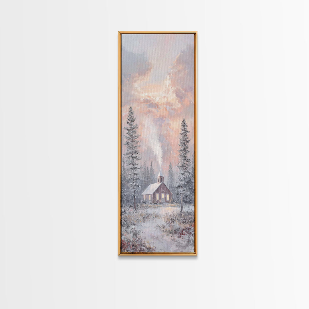 Frosted Dawn Chapel – Framed Canvas Print – Christian Art – Christian Wall Art – Tall Skinny Art Print – Christmas Art – Christian Art Canv
