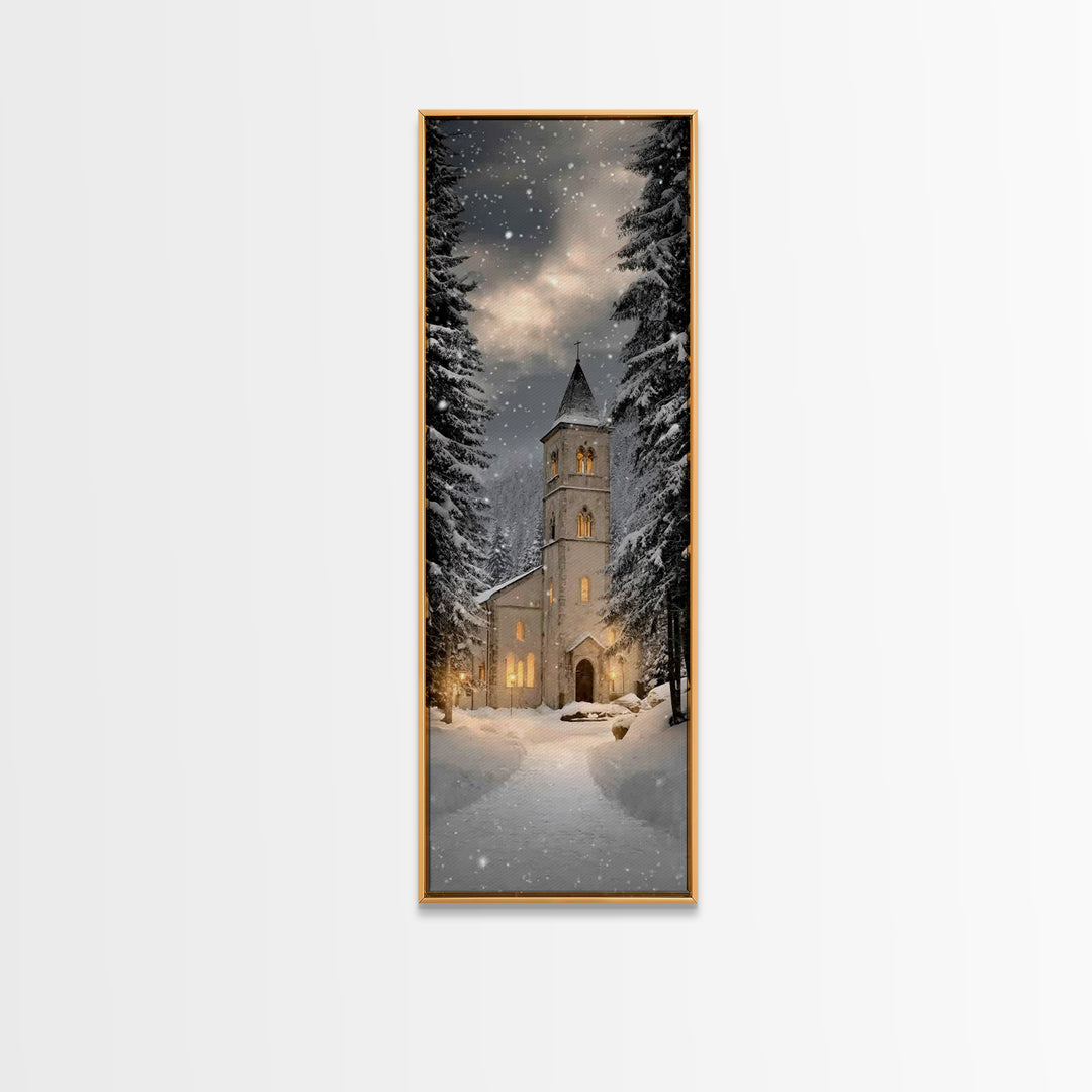 Snowfall Chapel Light – Framed Canvas Print – Tall Narrow Wall Art – Christian Wall Art – Christmas Art – Christian Christmas Décor – Moder