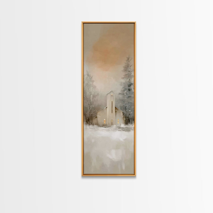 Evening Chapel Calm, Framed Canvas Print, Skinny Art, Christian Wall Art, Christian Christmas Art, Christmas Art Work, Framed Christian Art