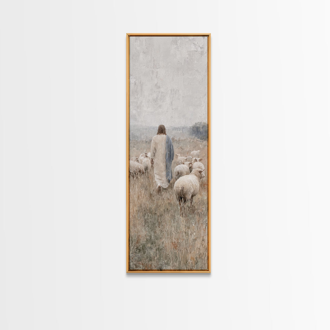 Fields Of His Care, Framed Canvas Print, Skinny Art, Jesus Wall Art, Christian Art Canvas, Christian Painting, Large Jesus Painting