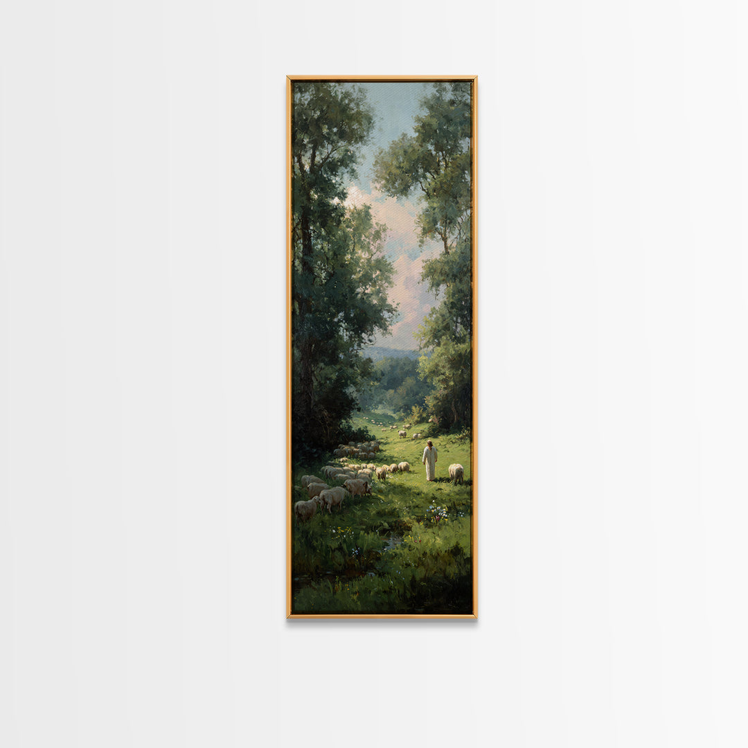 Morning Shepherd Peace – Framed Canvas Print – Christian Art Print – Modern Christian Art – Tall Narrow Wall Art – Jesus Canvas Art