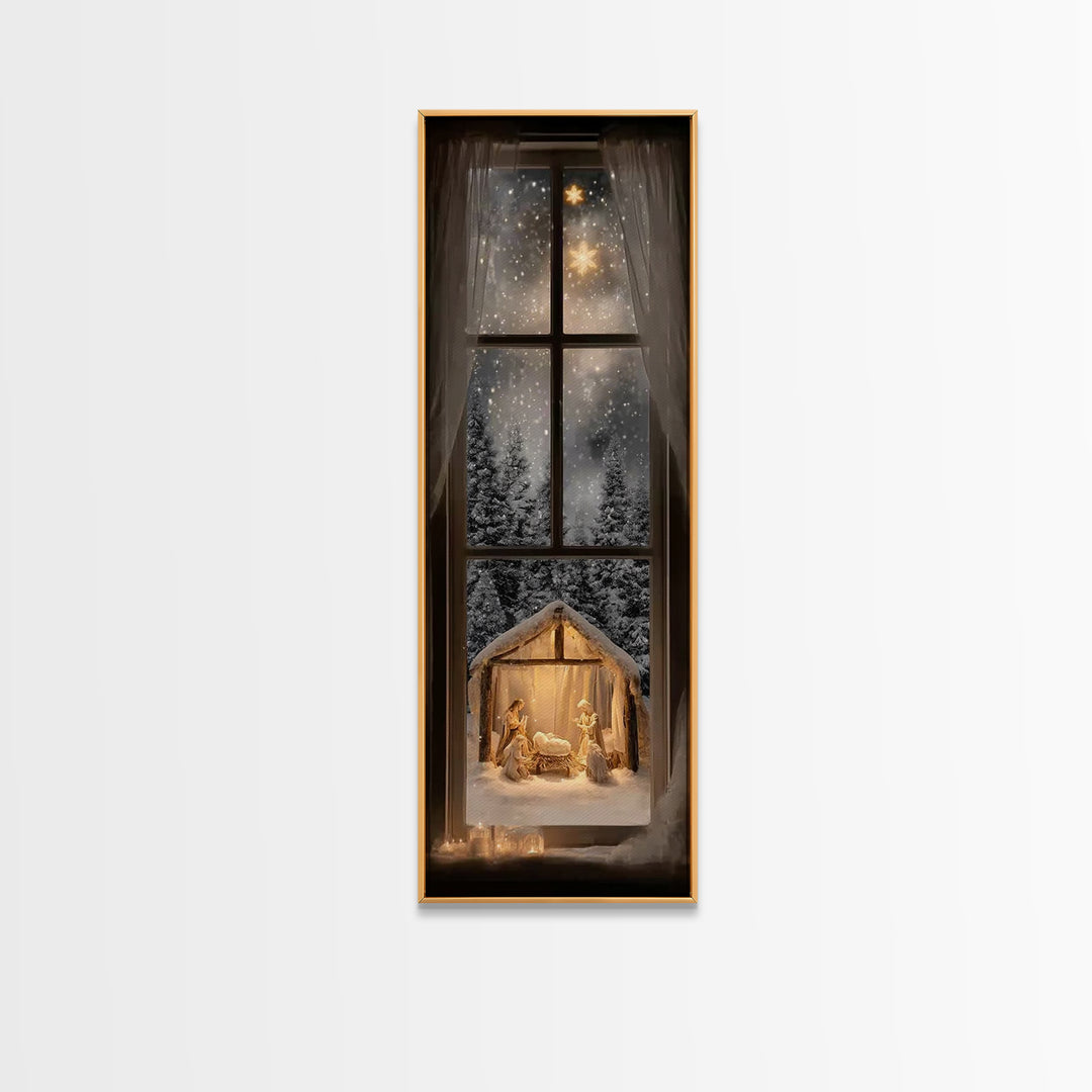 Silent Winter Nativity – Framed Canvas Print – Christmas Art – Christian Christmas Decor – Tall Narrow Wall Art – Christian Art Canvas
