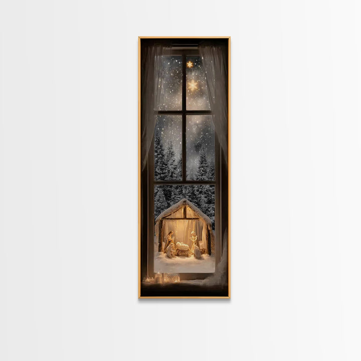 Silent Winter Nativity – Framed Canvas Print – Christmas Art – Christian Christmas Decor – Tall Narrow Wall Art – Christian Art Canvas