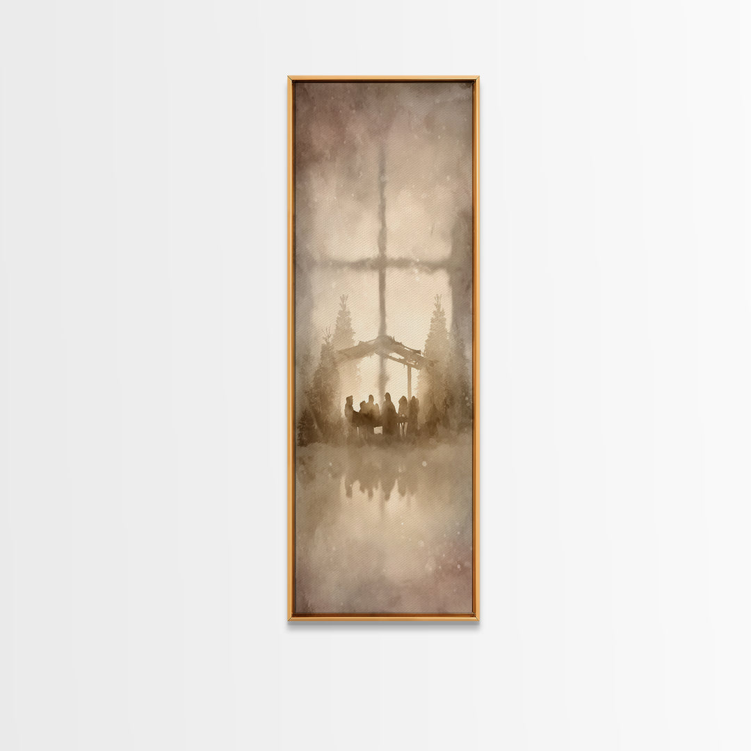 Nativity Dawn Glow | Framed Canvas Print | Christian Christmas Art | Christmas Wall Art | Skinny Art | Christian Art Work | Christmas Art P