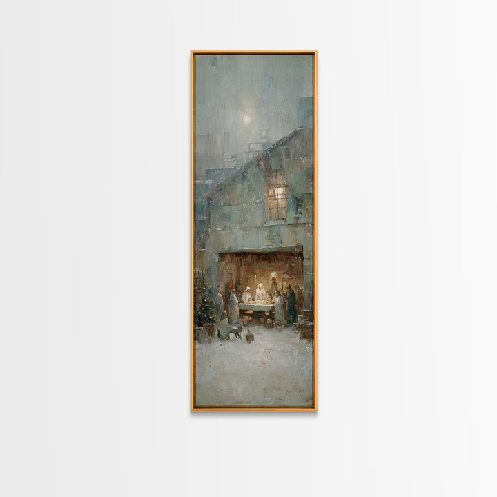 Humble Stable Night – Framed Canvas Print – Christmas Wall Art – Christian Art Canvas – Tall Skinny Art Print – Vintage Christmas Art