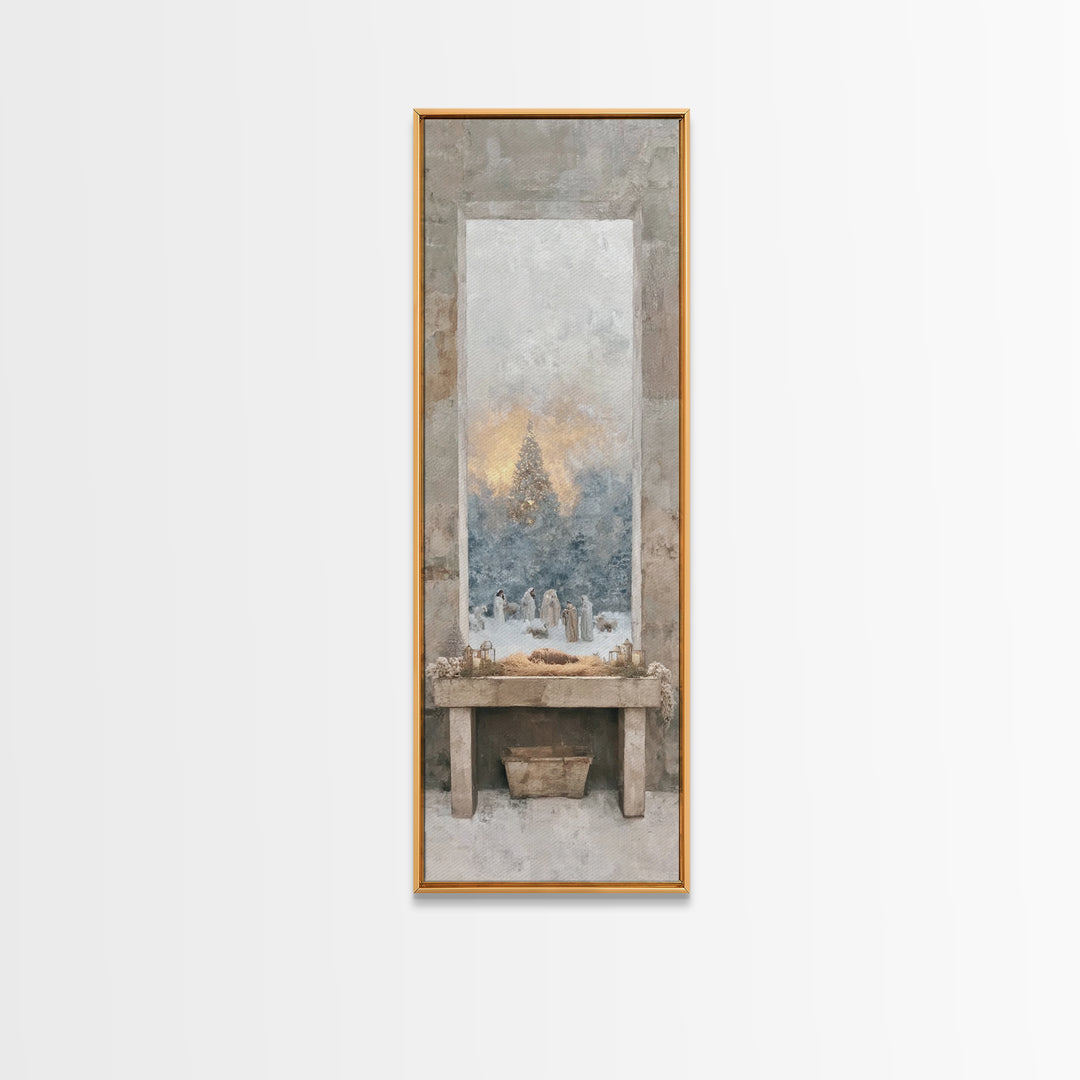 Winter Nativity Glow – Framed Canvas Print – Christmas Art – Christian Art Canvas – Christian Wall Art – Jesus Painting – Bible Art – Chris