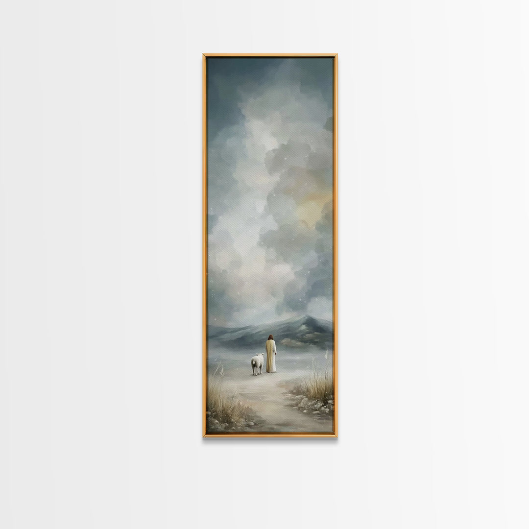 Winter Shepherd Calm, Framed Canvas Print, Narrow Art, Christian Art Canvas, Jesus Wall Art, Christian Christmas Decor, Subtle Christian Ar