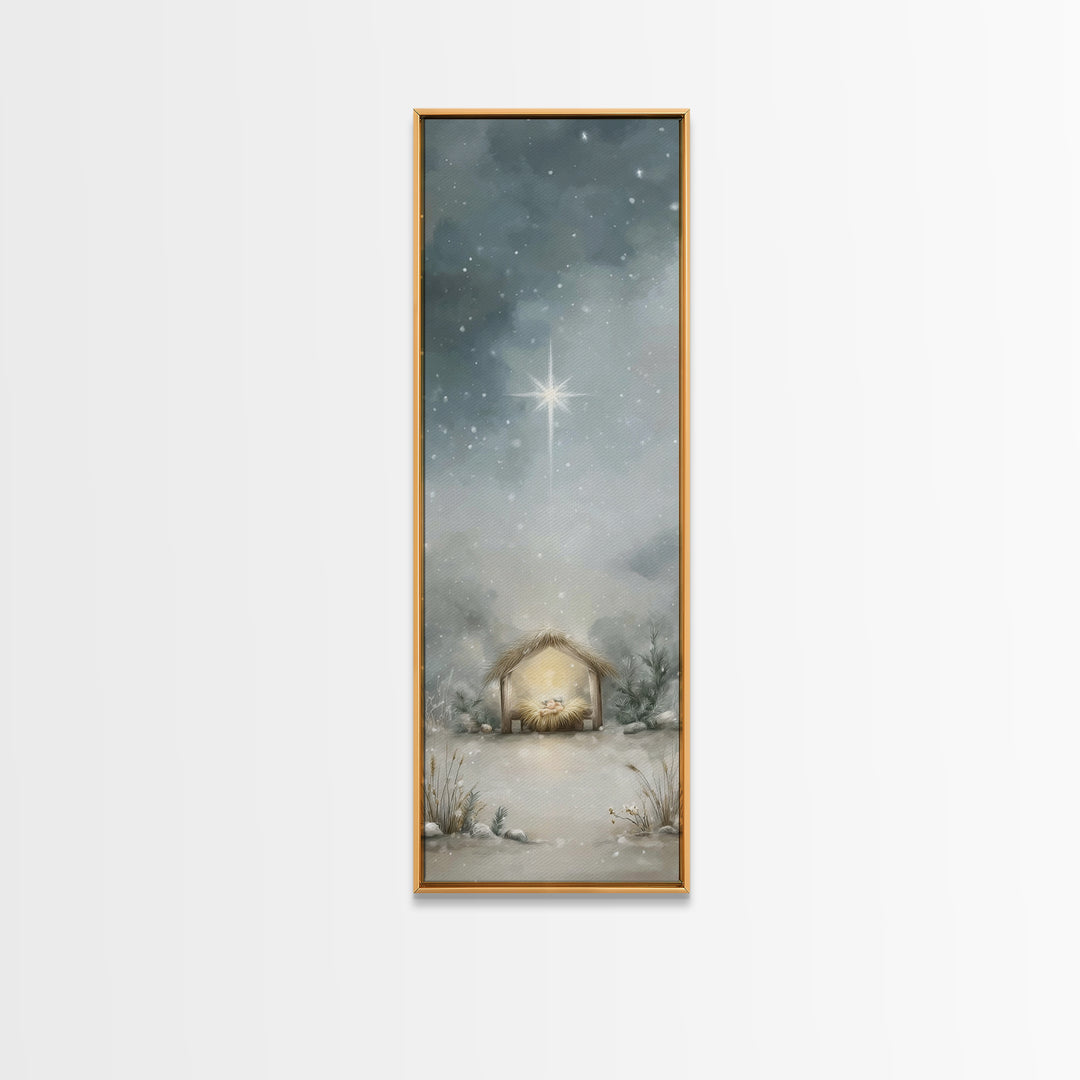 Silent Manger Light - Framed Canvas Print - Christian Christmas Art - Christian Wall Art - Christmas Art - Narrow Art - Christian Art Canva