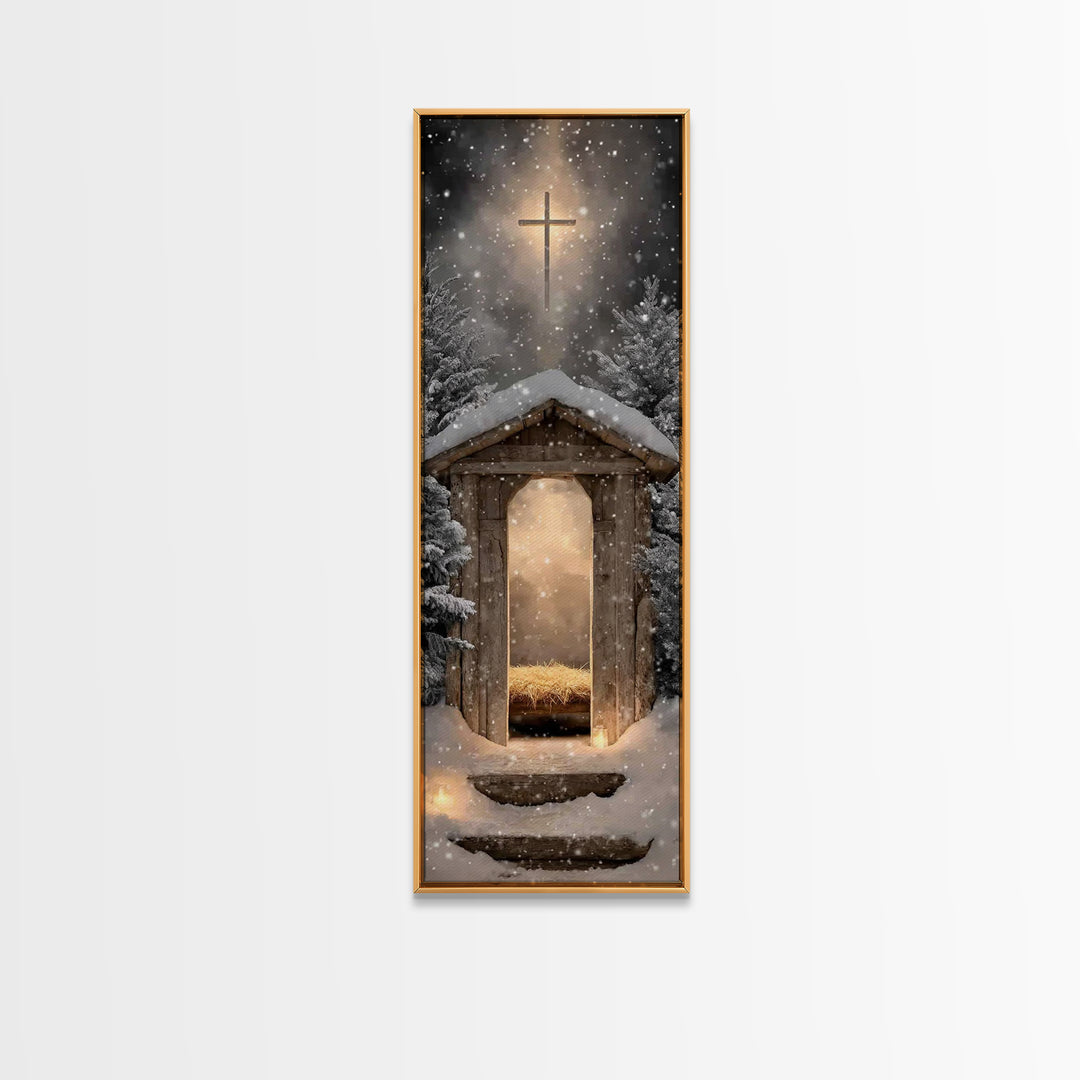 Snowlit Holy Shelter | Framed Canvas Print | Christmas Art | Christian Art Canvas | Christian Wall Art | Skinny Art | Christian Christmas A