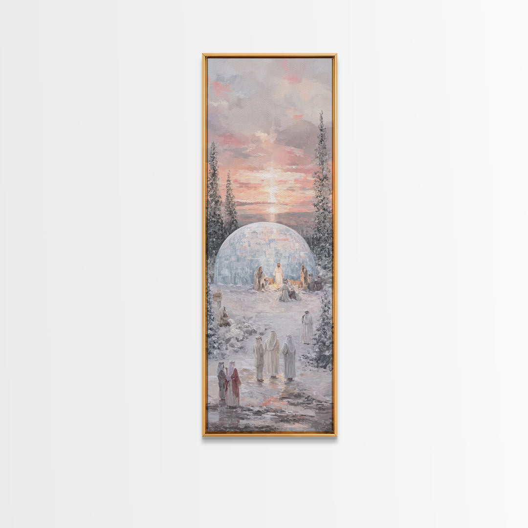 Winter Nativity Gathering - Framed Canvas Print - Christian Art Canvas - Christian Wall Art - Christmas Art - Narrow Art - Christian Christ