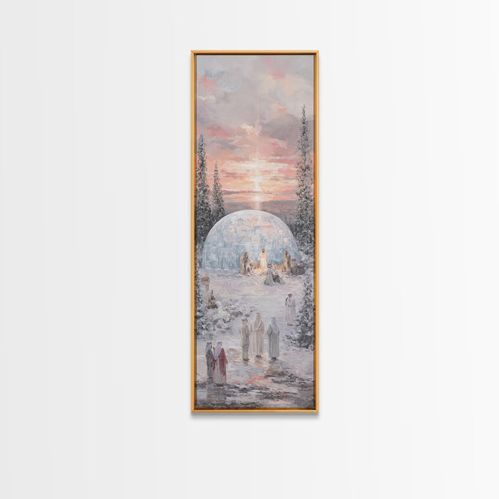 Winter Nativity Gathering - Framed Canvas Print - Christian Art Canvas - Christian Wall Art - Christmas Art - Narrow Art - Christian Christ
