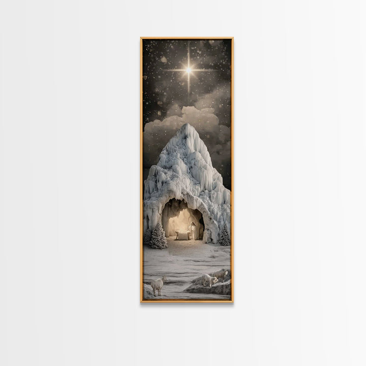 Icy Cavern Nativity, Framed Canvas Print, Christian Wall Art, Christian Christmas Art, Christmas Art, Tall Narrow Wall Art, Christian Art C